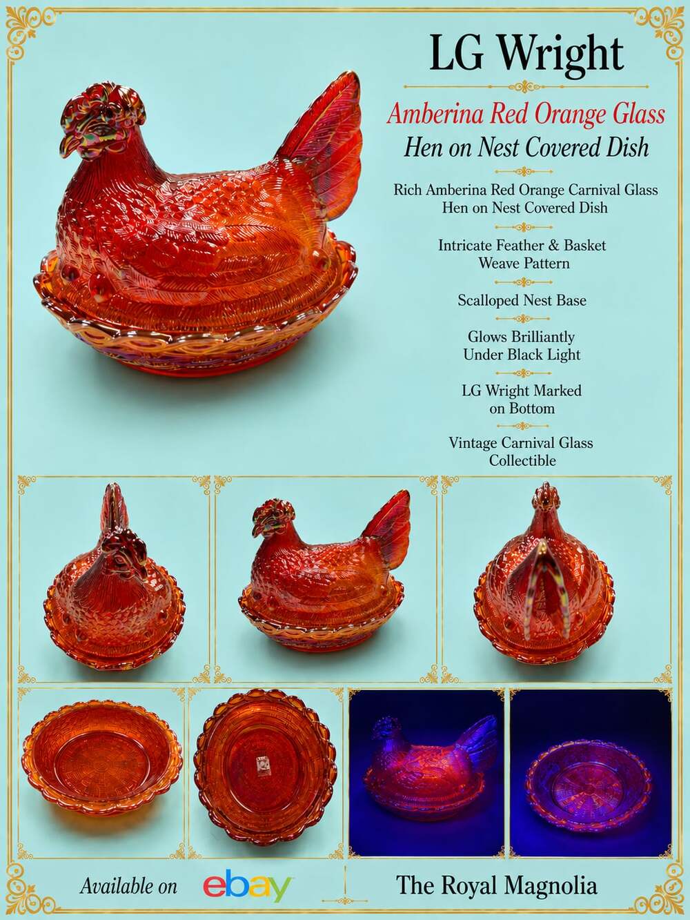 Rare 7” LG  Wright Amberina  Carnival Glass Hen on Nest Covered Dish-GLOWS- Vint